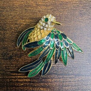 LIND 14KGE SP Hummingbird Brooch Green Enamel Crystal Gold Vintage LINDENWOLD